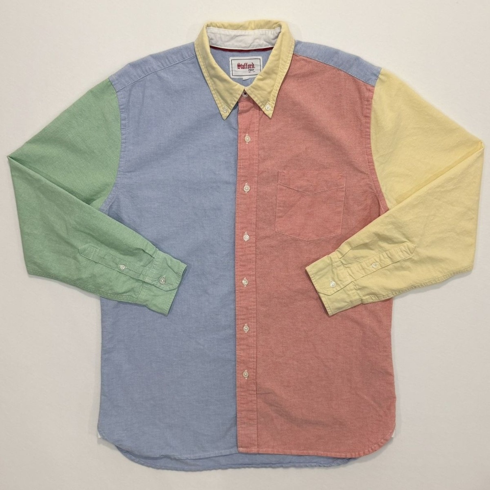 Stafford Prep Color Block Button Up Shirt Mens Large Pastel 90s Y2K Preppy